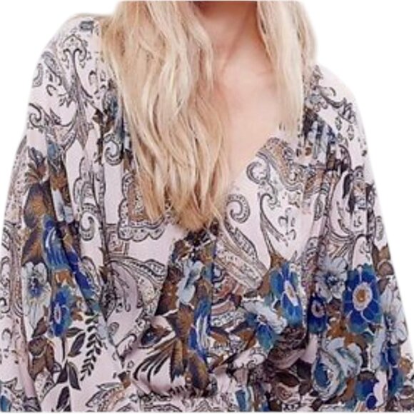 Free People High Plains Elastic Waist Dress Billowy Sleeve Pink Blue Women's S - Picture 11 of 11